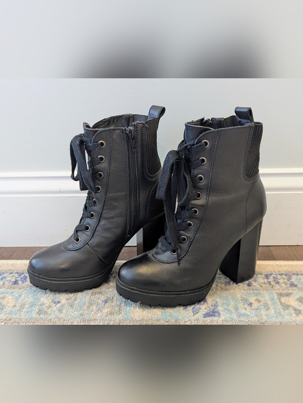 Steve Madden Black Lace-Up Block Heel Ankle Boots